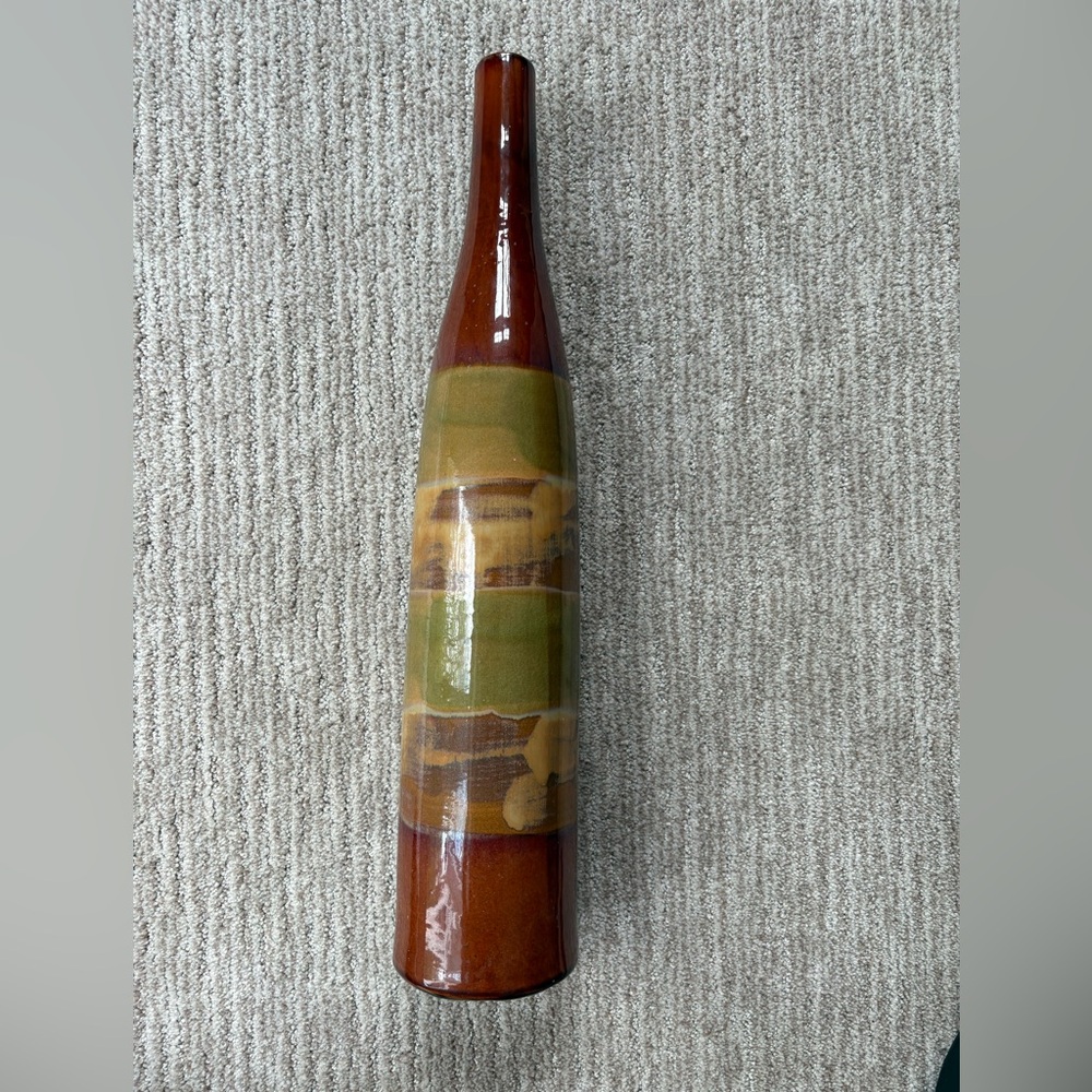 Vintage Tall Ceramic Bottle Vase in Brown and Olive Green - excellent condition